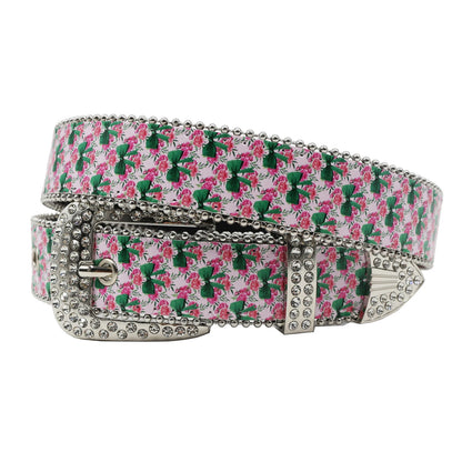 Rhinestone belt B&B style blue print pattern Women's Jeans Rhinestone Belt Men's Belt Western Denim Leather HipHop Rock