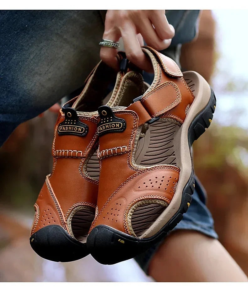 2026 New Men's Sandals Handmade Thick Bottom Rubber Breathable Casual Slip-On Beach Shoes Leather Upgraded Version