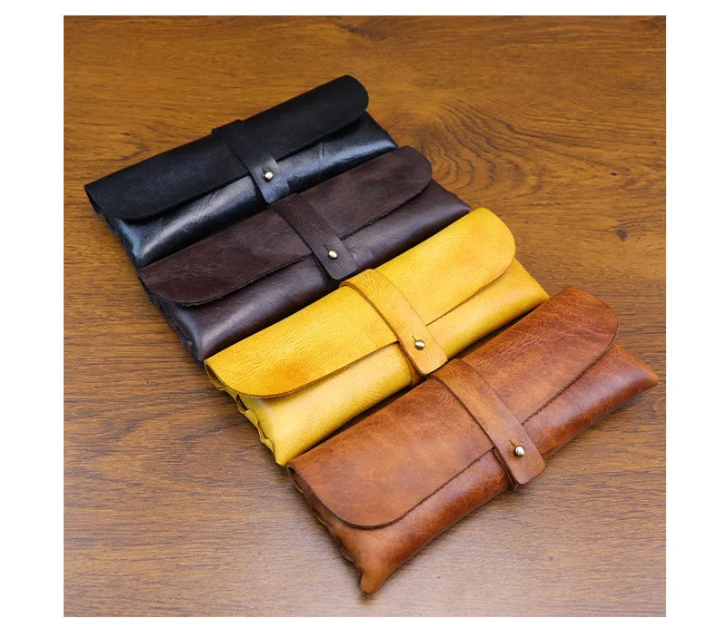 Genuine Leather Men Pencil Bag Handmade Wallet Large Capacity Retro Glasses Storage Bag Stationery Pencil Case Unisex Purses