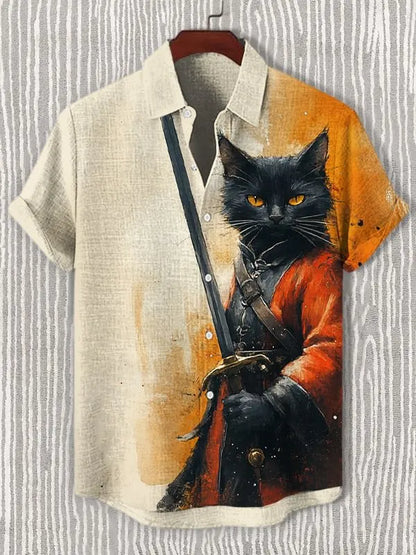 Men's Edo Cat Samurai Warrior Japanese Art Anime Shirts 3D Print Casual Hawaiian Shirts Summer Men Women Short Sleeve Blouse Top