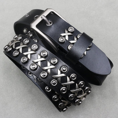 Designer Brand Belt Men Rivet Real Leather Pin Belt Male Black Rock Genuine Leather Cowhide Luxury Punk Belt Jeans