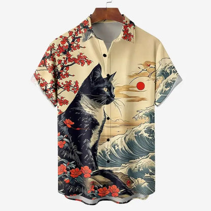 Men's Retro Short Sleeve Beach Shirt Summer Casual Ukiyoe Kitten Fishing Shark Print Hawaiian Shirts Men's Lapel Aloha Shirt
