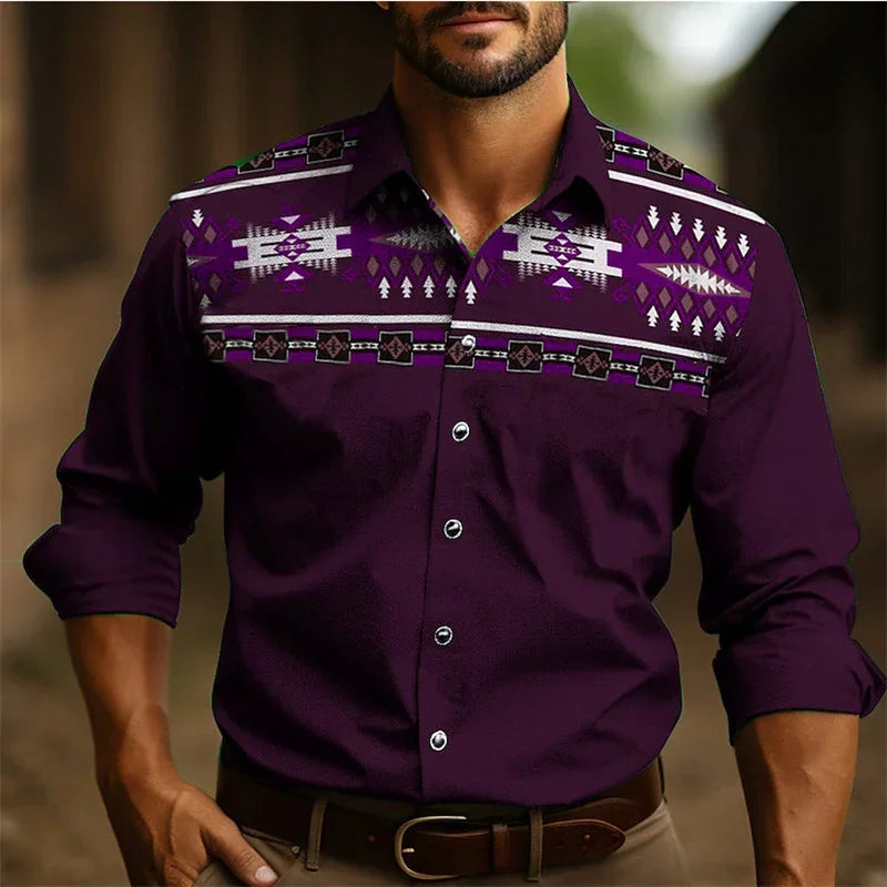 Men's Western Shirt Vintage Pattern Lapel Long Sleeve Button Print Top Fashion Streetwear Designer Western Style