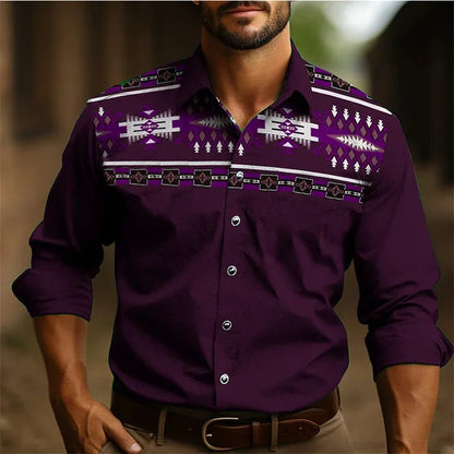 Men's Western Shirt Vintage Pattern Lapel Long Sleeve Button Print Top Fashion Streetwear Designer Western Style