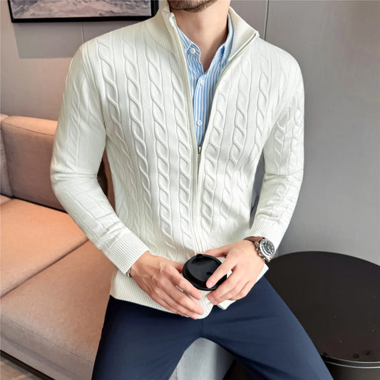 Men's Sweater Autumn Winter New Slim Fit Stand Collar Zipper Knitted Cardigan Fashion Solid Color Warm Stretch Knit Tops Coats