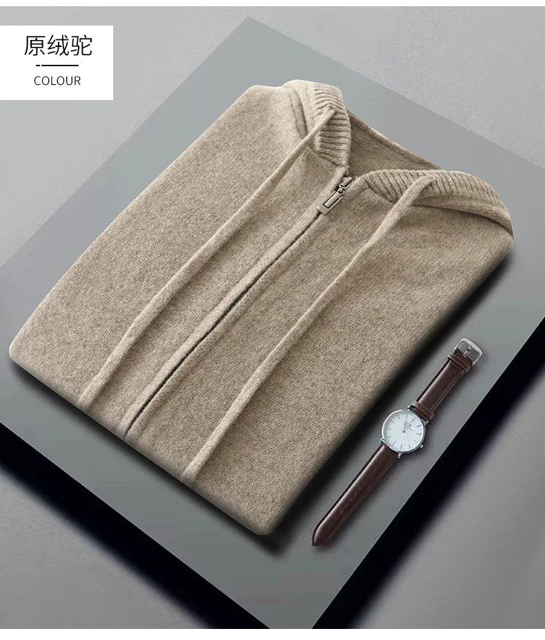 Autumn And Winter Men's 100% Pure Wool Cardigan Warm Zipper Hooded Casual Knitted Cashmere Coat