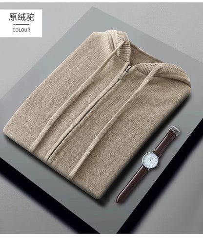 Autumn And Winter Men's 100% Pure Wool Cardigan Warm Zipper Hooded Casual Knitted Cashmere Coat