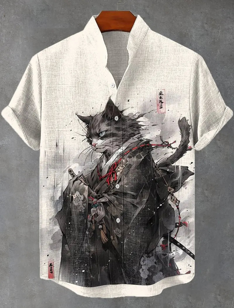 Men's Edo Cat Samurai Warrior Japanese Art Anime Shirts 3D Print Casual Hawaiian Shirts Summer Men Women Short Sleeve Blouse Top