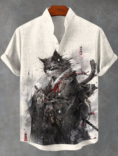Men's Edo Cat Samurai Warrior Japanese Art Anime Shirts 3D Print Casual Hawaiian Shirts Summer Men Women Short Sleeve Blouse Top