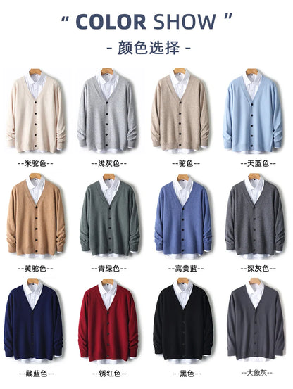 100% Pure Wool Sweater Autumn Winter New Men's Cardigan V-Neck Buckle Jacket Loose Casual Cashmere Knitted Sweater Long Sleeveds