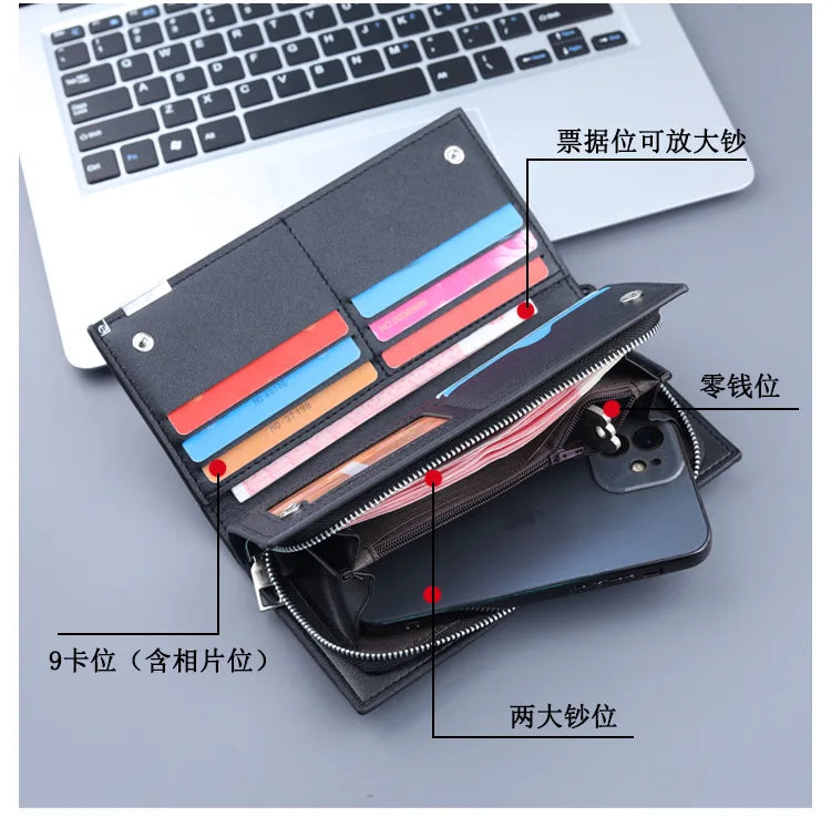 Long Clutch Men PU Material Zipper Hasp Cell Phone Bag Card Holder Coin Pocket Large Capacity Multifunctional Handbag Business