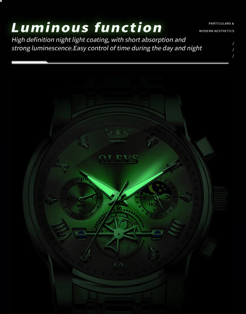 OLEVS Men's Watches Classic Multifunctional Flywheel Chronograph Original Quartz Wristwatch Moon Phase 24 Hour Waterproof Reloj