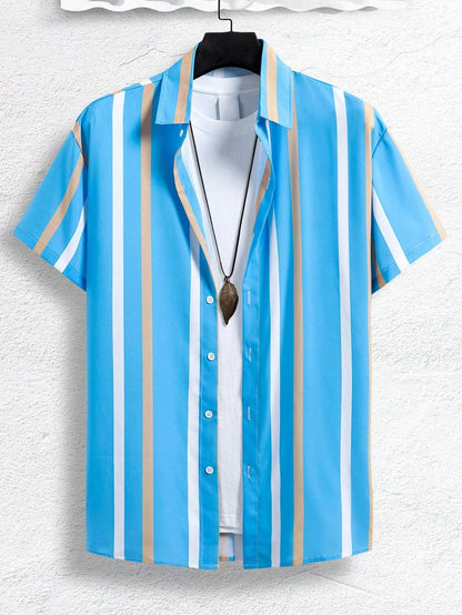 Summer Men's Colorful Stripes3DPattern Printed Street Fashion Casual Short-Sleeved Shirt - OutdoorQuick-Drying Short-SleeveShirt