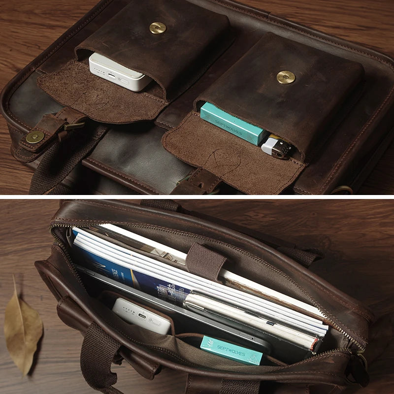 NUKA Retro Natural Cowhide Handbag Men's Real Leather Executive Briefcase Luxury Business Shoulder Bag Daily File Messenger Bags