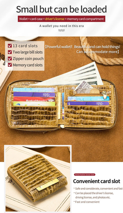 Cowhide Men's Wallet with Crocodile Pattern Genuine Leather Large Capacity Card Slot Zero Wallet