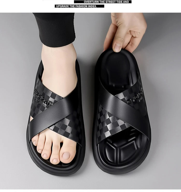 Summer New Fashion Outside Wear Slippers for Men Business Casual Black Leisure Genuine Leather Beach Shoes Slippers Man