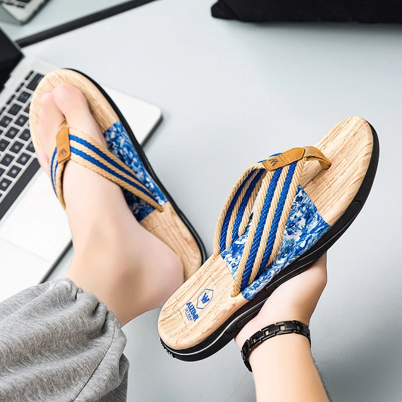 Japanese wood grain flip flops for men in summer wear anti-slip trend printed soft bottom clip foot stroke beach sand sand