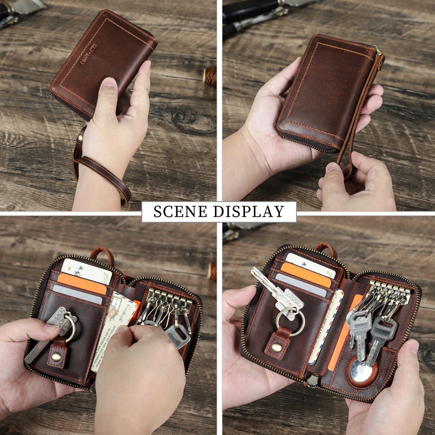 CONTACT'S Genuine Leather Key Wallets Key Chain Holder Full Grain Leather AirTag Slot Male Mini Wallets Key Pouch Card Holders