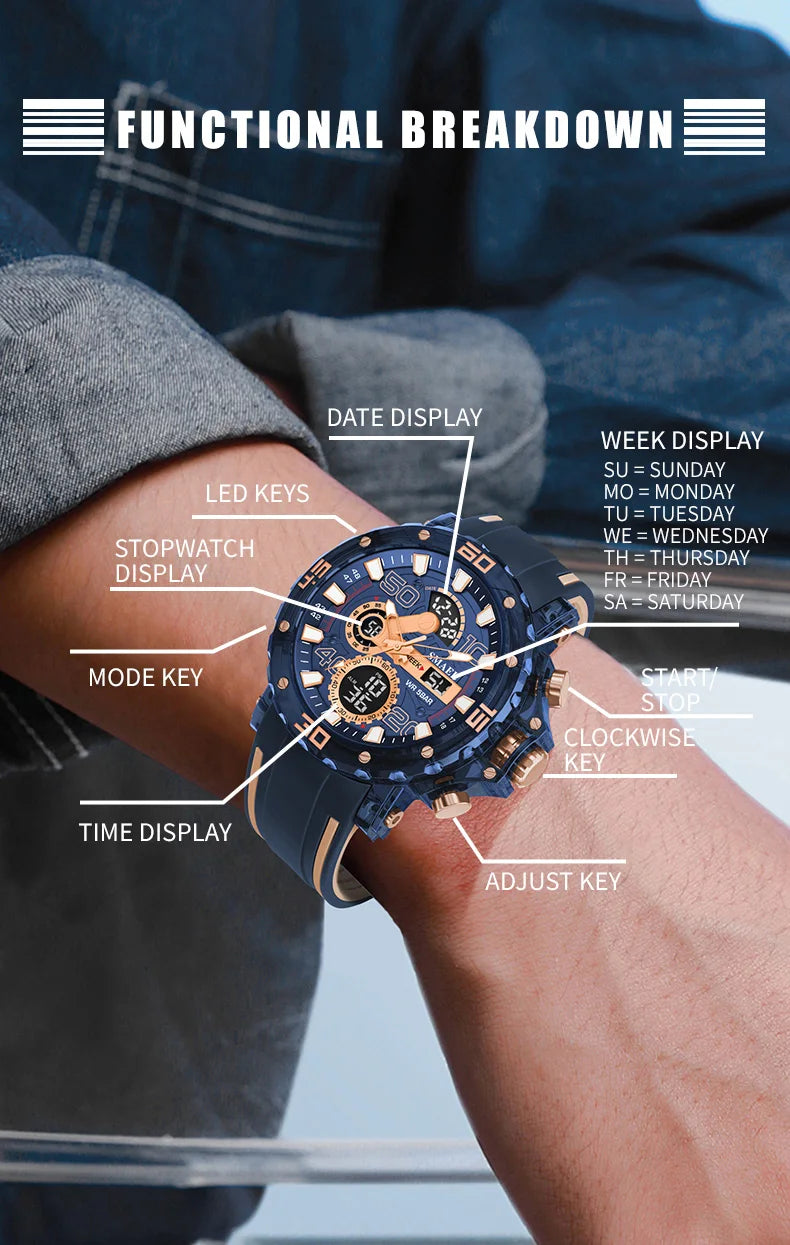 SMAEL 8136 50M Waterproof Military Watch for Men - LED Backlight Alarm Chronograph Stopwatch Shockproof Outdoor