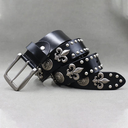 Designer Brand Belt Men Rivet Real Leather Pin Belt Male Black Rock Genuine Leather Cowhide Luxury Punk Belt Jeans