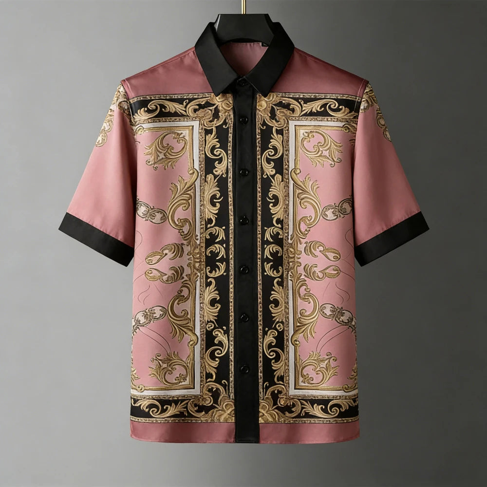 Men's Fashion Retro Breathable Soft Short Sleeve Shirt Gold Pattern Natural 3D Printed Shirt Men's Wedding Casual Party Tops Men
