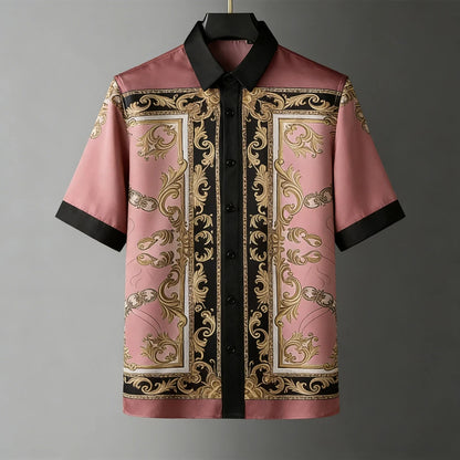 Men's Fashion Retro Breathable Soft Short Sleeve Shirt Gold Pattern Natural 3D Printed Shirt Men's Wedding Casual Party Tops Men