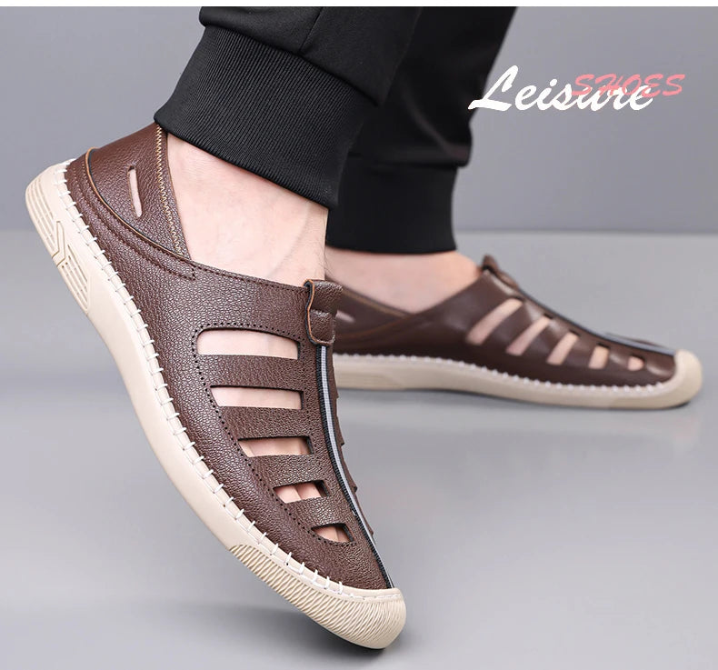 Outdoor Men Summer Sandals Breathable Hollow Leisure Anti Slip Leather Beach Shoes Fashionable Man Comfortable Hole Shoes