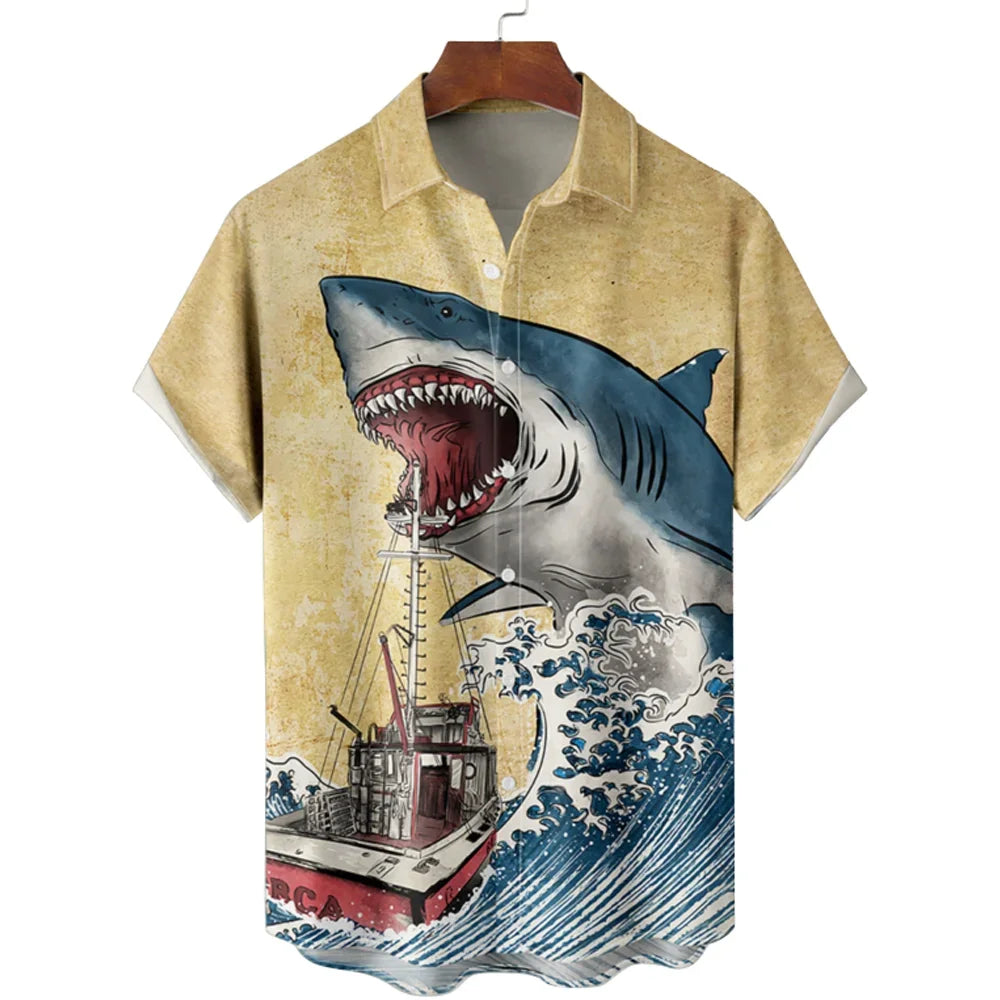 New Men Hawaiian Shark Blouse Tshirt 3D Animal Print Clothes Fashion Button Men's Shirts Short Sleeve Lapel Streetwear Shirt Top