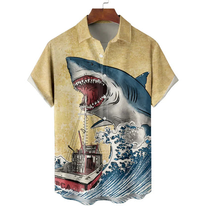 New Men Hawaiian Shark Blouse Tshirt 3D Animal Print Clothes Fashion Button Men's Shirts Short Sleeve Lapel Streetwear Shirt Top