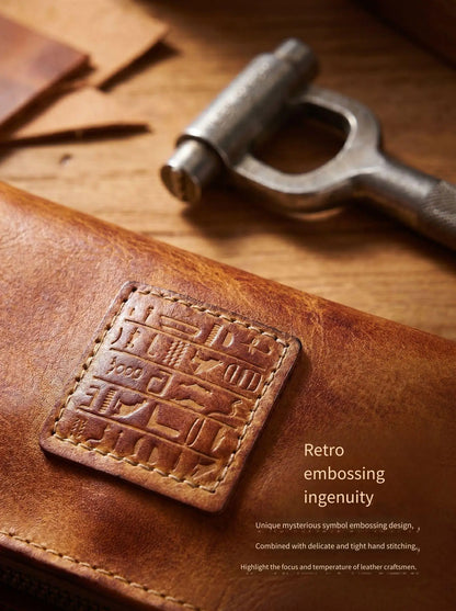 YETTIES Men's Vegetable Tanned Leather Long Clutch Wallet Large Capacity Multi-Function Document Vintage Business Handheld Purse