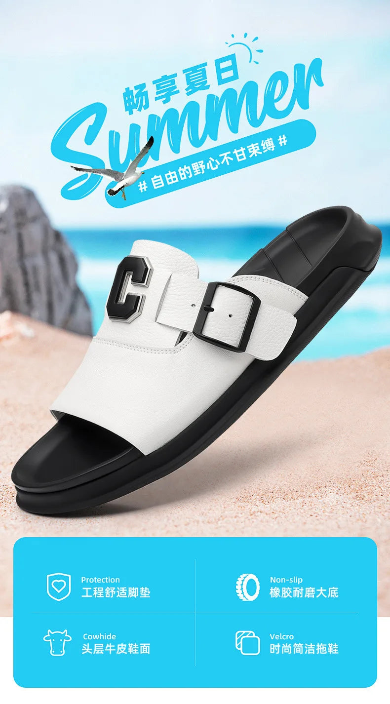 Men Outwear Genuine Leather Slippers for Men Fashion Buckle Designer Summer Flip-flops Male Casual Non-slip Beach Shoes Man