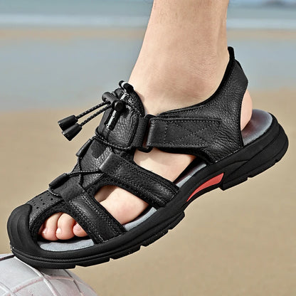 Genuine Leather Mens Water Beach Sandals Summer Closed Toe Sandals Non-slip Hiking Wading Sneakers Quick Dry Wading Aqua Shoes