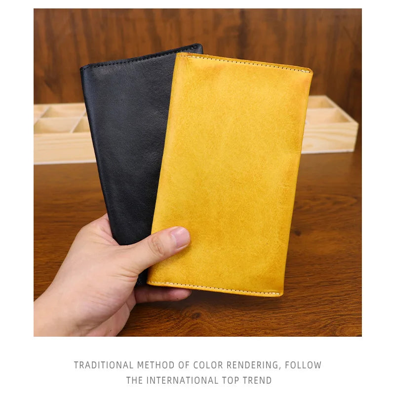 Large Capacity Men Wallet Vintage Genuine Cow Leather Handbag Card Holder Phone Pocket High Quality Handmade Male Money Clips