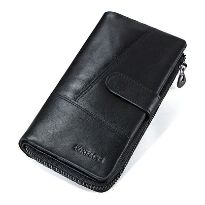 CONTACTS Genuine Leather Men Wallet Long Vintage Bifold Men's Wallet Zipper Coin Purses Large Capacity Money Clips Card Holder