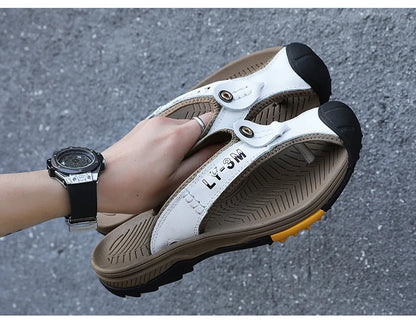 Genuine Cow Leather Shoes Men Sandals Flip Flops Men's Casual Shoes Classic Massage Men Beach Slippers Anti-slip Summer 2025 New