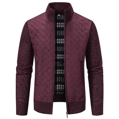 Mens Sweaters Jacket Full Zip Fleeced Sweater Cardigan Plaid Stand Collar Sweaters Coat Autumn Winter Homme Clothes