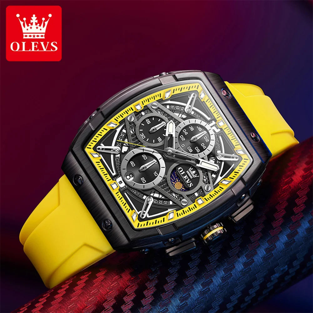 OLEVS 2975 Men's Watches Hollowed Quartz Wristwatch Silicone Strap Tonneau Large Dial Design Waterproof Luminous Watch for Men
