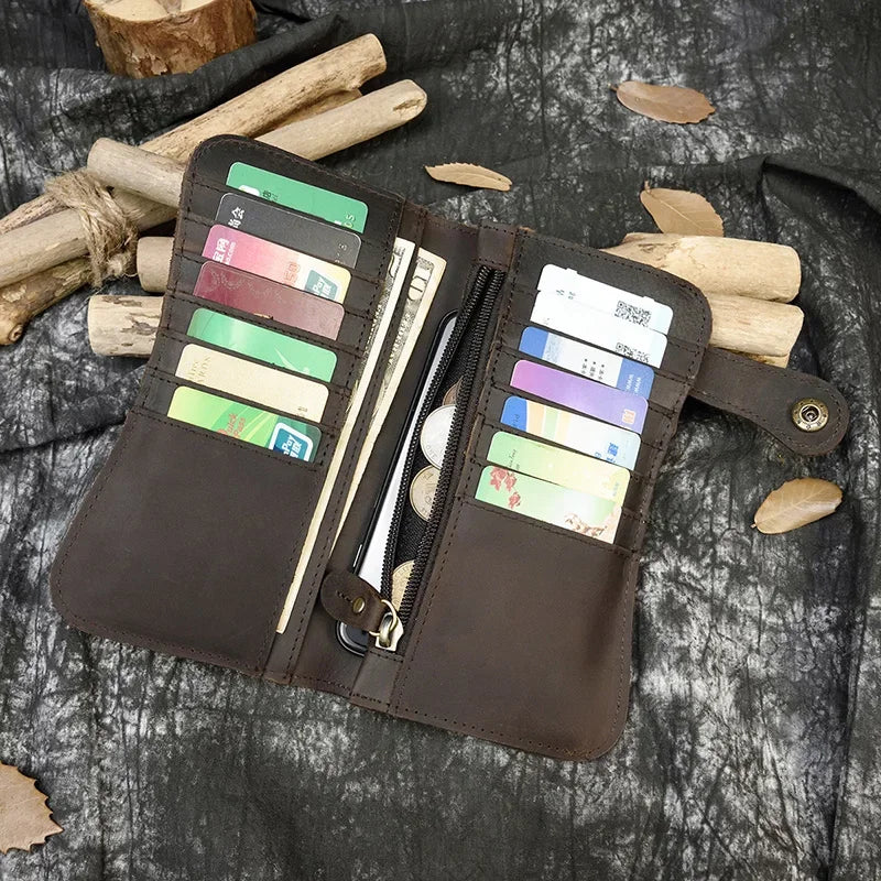 Men's Genuine Leather Wallet Chain Snap Bifold Purse Crazy Horse Leather Card Case Phone Card Holder Clutch Dragon Wallet