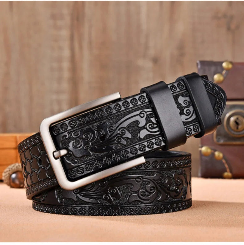 Men's Retro Embossed Leather Belt, European & American Cross-border Style, High Quality Casual Durable Waistband for Daily Use