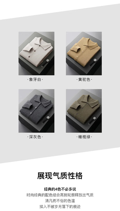 Autumn And Winter 100% Cashmere Cardigan Men's POLO Collar Coat Knitted Baseball Uniform Jacket Bottoming Wool Sweater