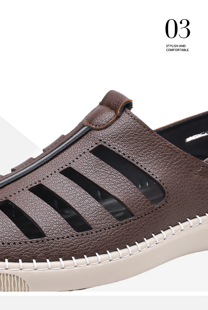 Outdoor Men Summer Sandals Breathable Hollow Leisure Anti Slip Leather Beach Shoes Fashionable Man Comfortable Hole Shoes