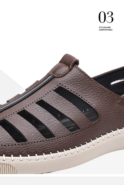 Outdoor Men Summer Sandals Breathable Hollow Leisure Anti Slip Leather Beach Shoes Fashionable Man Comfortable Hole Shoes