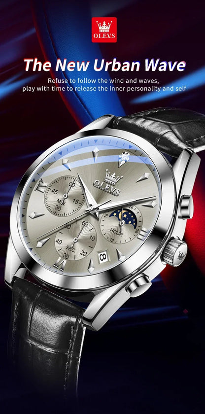 OLEVS 3609 Original Moon Phase Chronograph Watch for Men Leather Waterproof Luminous Luxury Quartz Mens Wristwatches Reloj Mujer