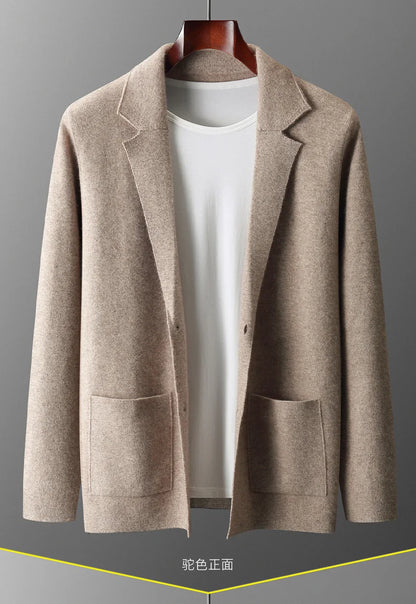 100% Pure Wool Cardigan Men's Spring And Autumn High-End Outerwear Sweater Casual Small Suit Jacket Olive Collar Sweater