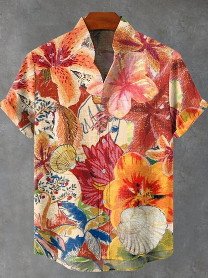 Men's Short Sleeve Shirt Hawaiian Plant Print Flap-Collar Beachfront Button Shirt Casual Top Fashion Shirt