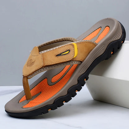 Men Sport Thong Slippers Genuine Leather Upper Adjustable Hook Loop Shock Absorb Anti Slip MD Sole Daily Beach Casual Flip Flops