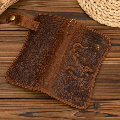 Men's Genuine Leather Wallet Chain Snap Bifold Purse Crazy Horse Leather Card Case Phone Card Holder Clutch Dragon Wallet