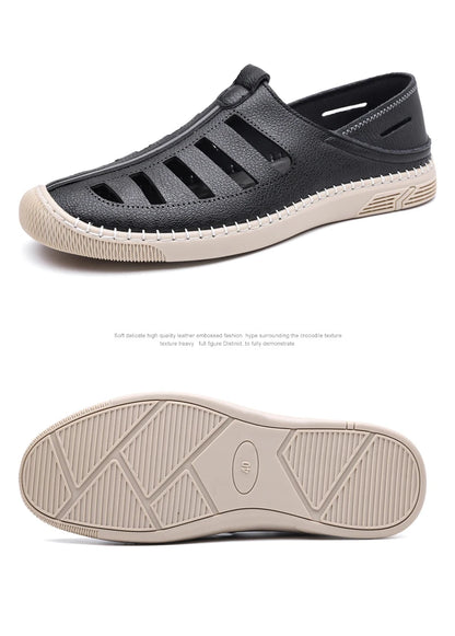 Outdoor Men Summer Sandals Breathable Hollow Leisure Anti Slip Leather Beach Shoes Fashionable Man Comfortable Hole Shoes
