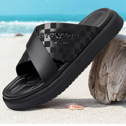 Summer New Fashion Outside Wear Slippers for Men Business Casual Black Leisure Genuine Leather Beach Shoes Slippers Man