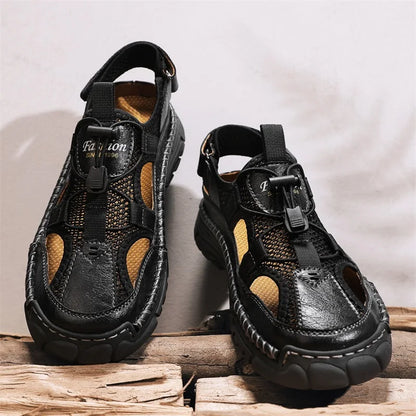 Men's Handmade Simple Letter-Print Sandals, Summer Beach Hollow Sandals, Fashionable Velcro Men's Shoes, Outdoor Hiking and River-Tracing Shoes, Comfortable, Breathable, Wear-Resistant, Non-Slip, Large Size Men's Shoes